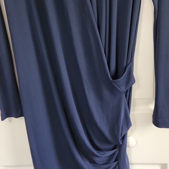 Mango Navy Blue Faux Wrap Dress Size 4 Midi Academia Long Sleeve Business - Picture 4 of 10
